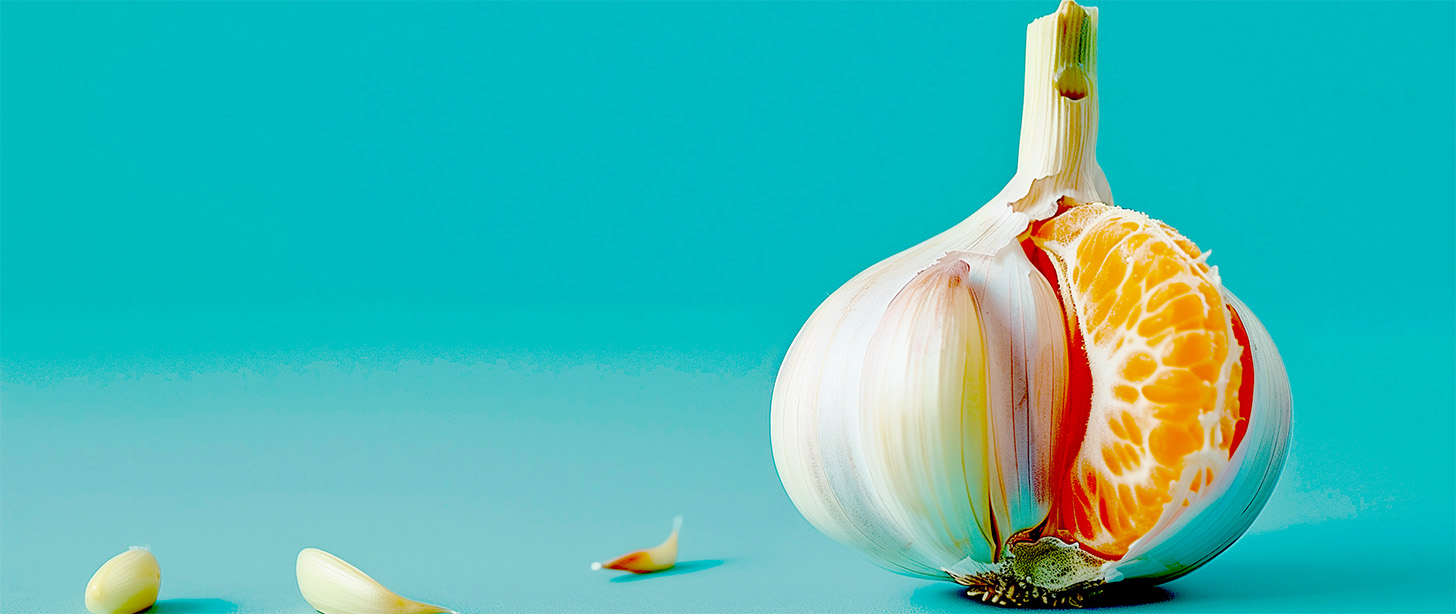 Knoblauch mit einem Mandarinenstück statt einer Knoblauchzehe
