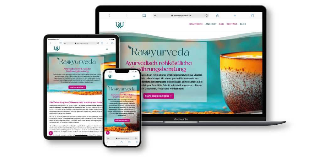 Mockup Rawyurveda Website mit Laptop, iPad und iPhone